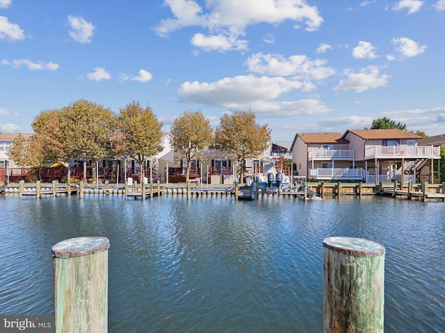 view of water feature with a dock