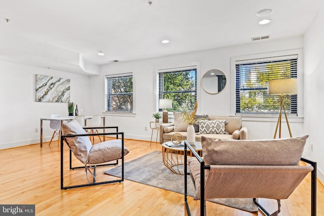 living room featuring plenty of natural light and light hardwood / wood-style flooring