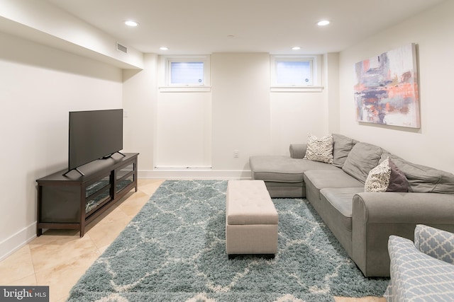 1508 Pine St Unit A, Philadelphia, PA 19102 - living room with recessed lighting, baseboards, a healthy amount of sunlight, light tile patterned floors, and visible vents