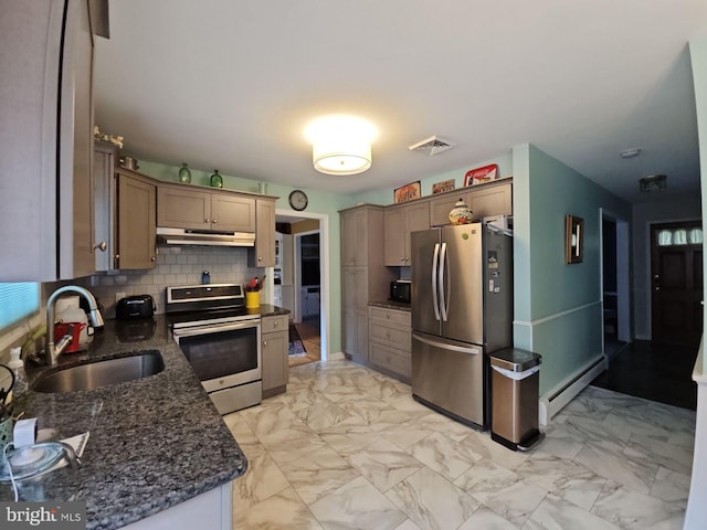 kitchen with sink, backsplash, appliances with stainless steel finishes, a baseboard radiator, and dark stone counters