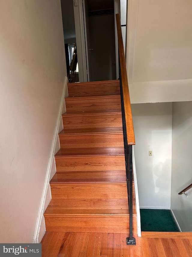 stairway with hardwood / wood-style flooring