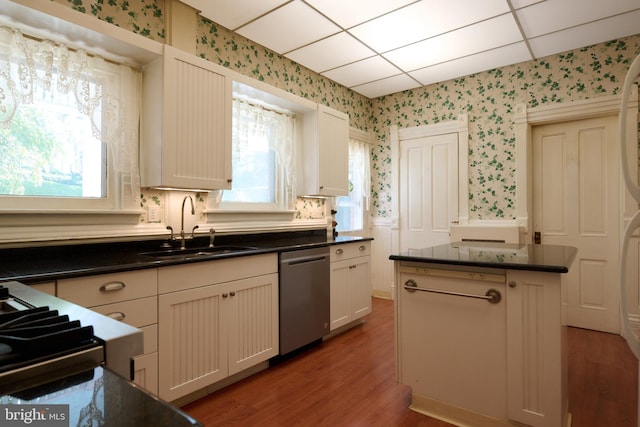 kitchen featuring dishwasher, sink, a kitchen island, a paneled ceiling, and hardwood / wood-style floors