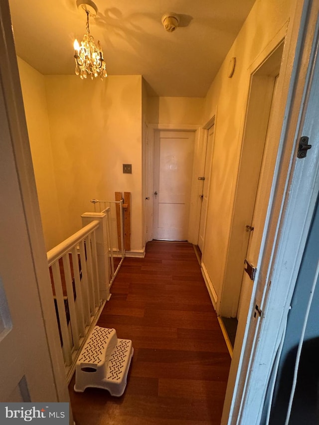 corridor with a notable chandelier and dark hardwood / wood-style flooring