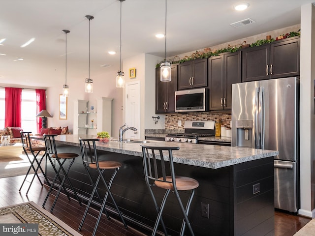 kitchen featuring dark wood-type flooring, an island with sink, a breakfast bar, pendant lighting, and appliances with stainless steel finishes