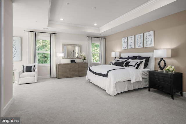 bedroom featuring light carpet, multiple windows, ornamental molding, and a raised ceiling