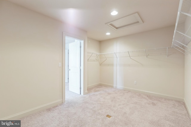 spacious closet featuring light carpet