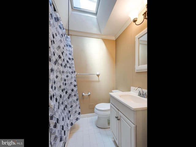 bathroom with walk in shower, tile walls, toilet, vanity, and tile patterned floors