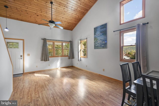 interior space with ceiling fan, light wood-type flooring, wood ceiling, and high vaulted ceiling