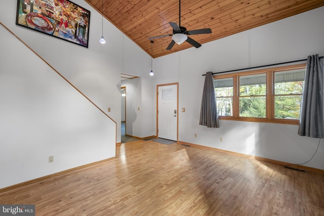 unfurnished living room featuring wooden ceiling, light hardwood / wood-style floors, high vaulted ceiling, and ceiling fan