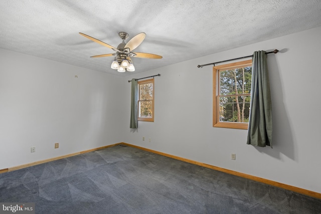 unfurnished room featuring ceiling fan, a textured ceiling, carpet flooring, and a wealth of natural light