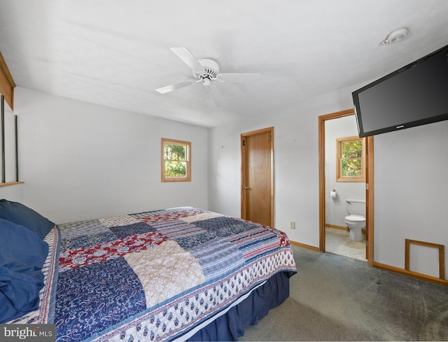 bedroom with carpet flooring, connected bathroom, and ceiling fan