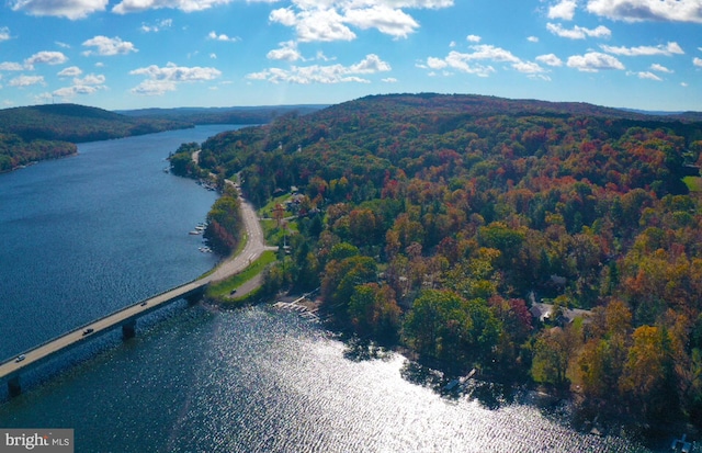 drone / aerial view featuring a water view