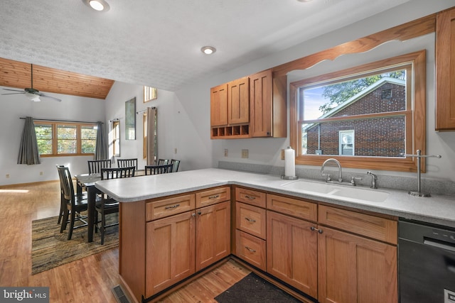 kitchen with black dishwasher, plenty of natural light, kitchen peninsula, and sink