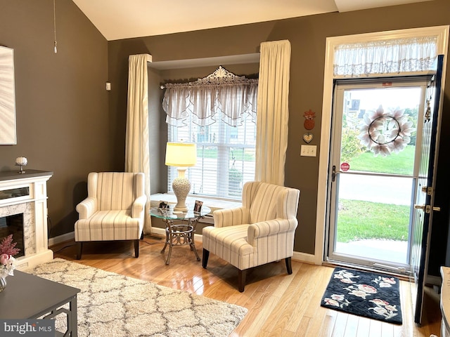 sitting room featuring a fireplace, light hardwood / wood-style flooring, and a wealth of natural light