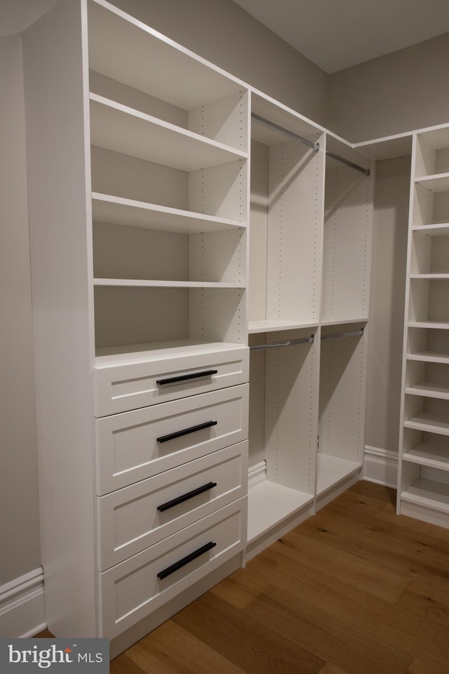 walk in closet with hardwood / wood-style flooring