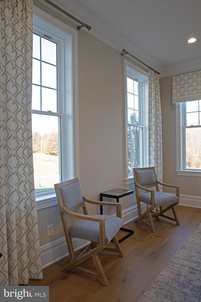 living area with wood-type flooring, crown molding, and a wealth of natural light