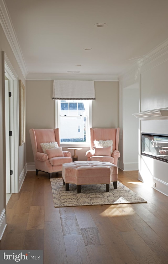 living area featuring light hardwood / wood-style floors and ornamental molding