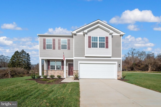 view of front of house with a garage and a front lawn