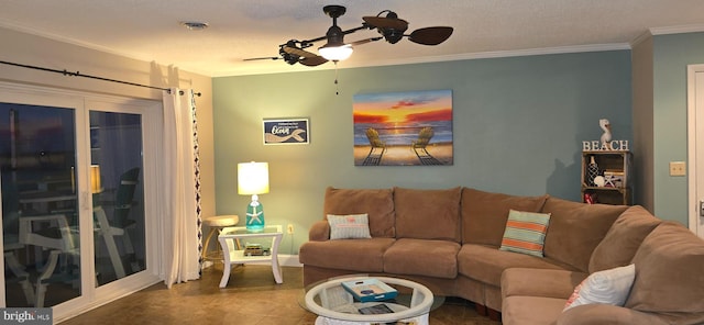 living room with ornamental molding, a textured ceiling, and ceiling fan