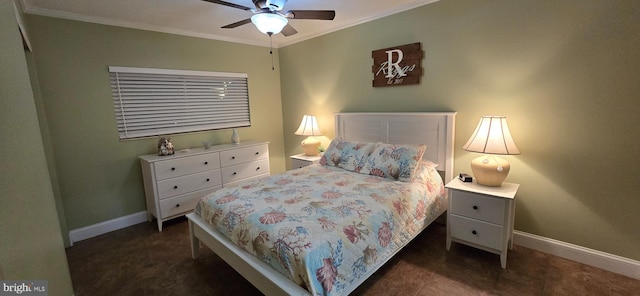 bedroom with ceiling fan and crown molding