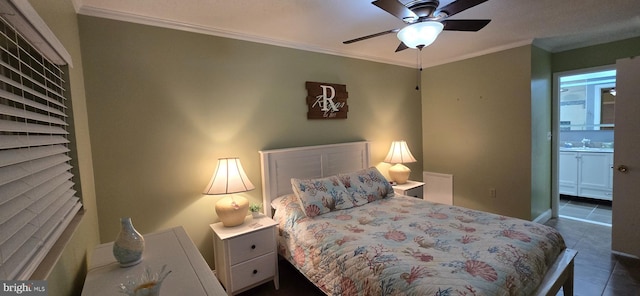 tiled bedroom featuring ornamental molding, sink, and ceiling fan