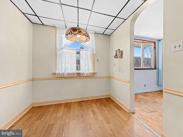 unfurnished room featuring light hardwood / wood-style floors, a drop ceiling, and plenty of natural light