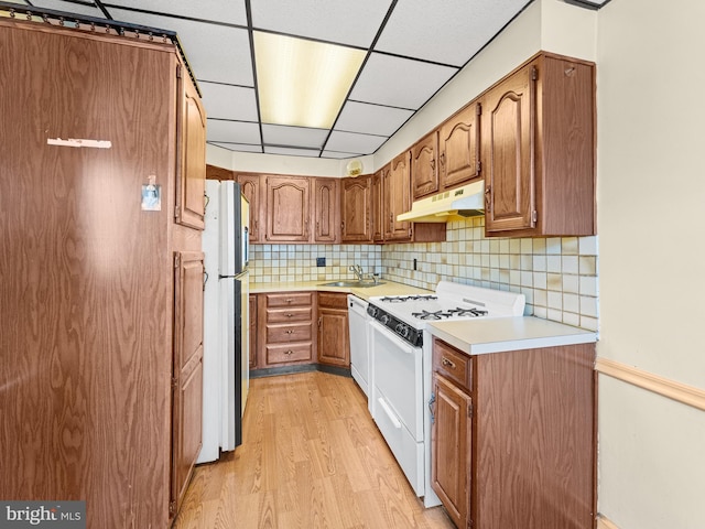 kitchen featuring backsplash, light hardwood / wood-style floors, a drop ceiling, sink, and white appliances