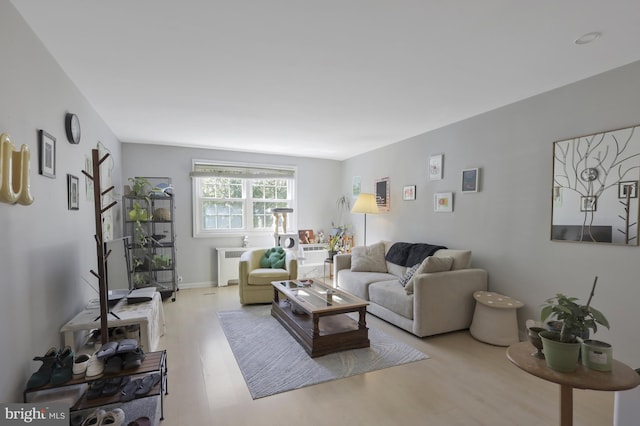 living room with radiator and light wood-type flooring