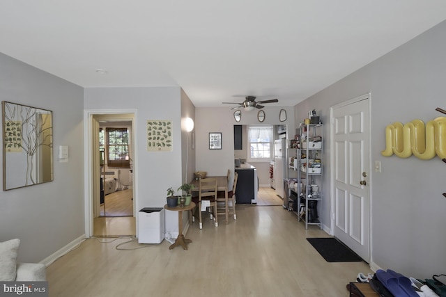 foyer featuring ceiling fan and light wood-type flooring