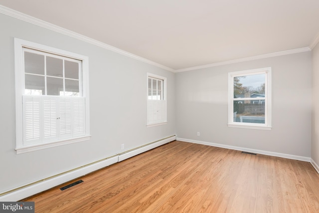 unfurnished room featuring a baseboard radiator, crown molding, and light hardwood / wood-style flooring