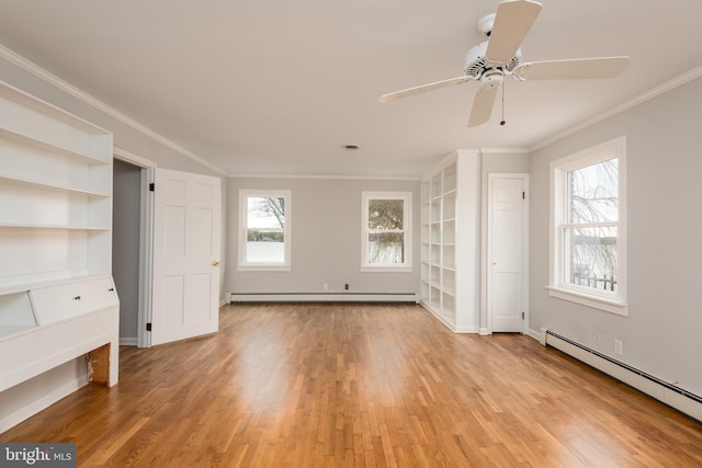 unfurnished living room featuring a baseboard radiator, crown molding, and light hardwood / wood-style floors