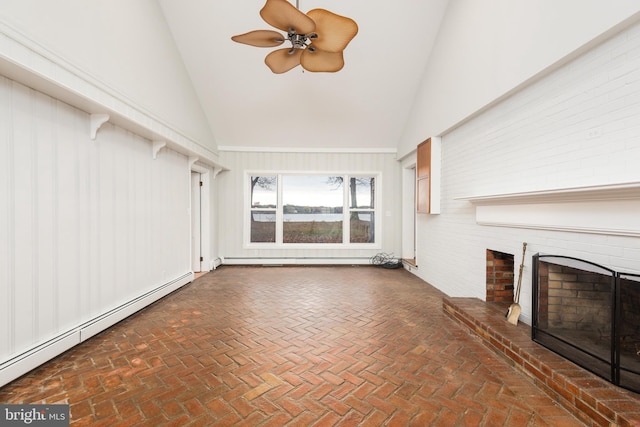 unfurnished living room with baseboard heating, ceiling fan, high vaulted ceiling, and a brick fireplace