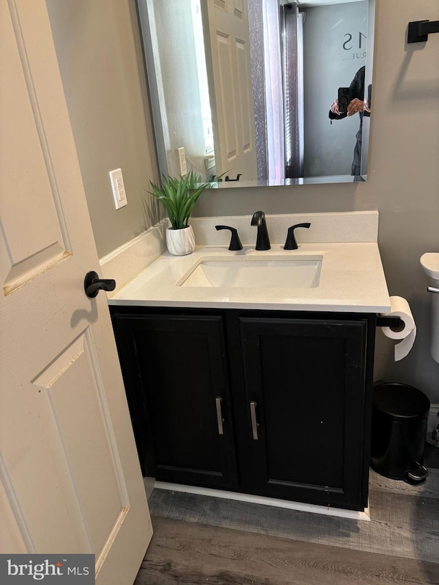 bathroom featuring vanity, wood-type flooring, and toilet