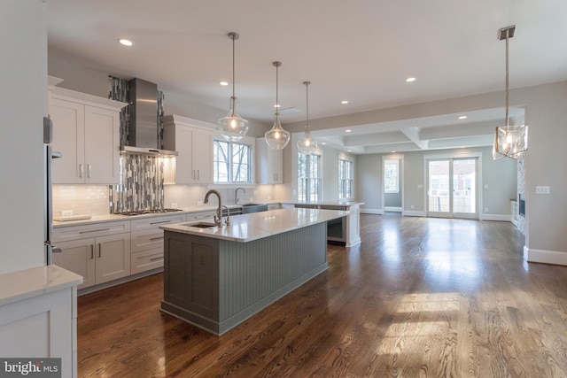 kitchen with a wealth of natural light, white cabinetry, and dark hardwood / wood-style flooring