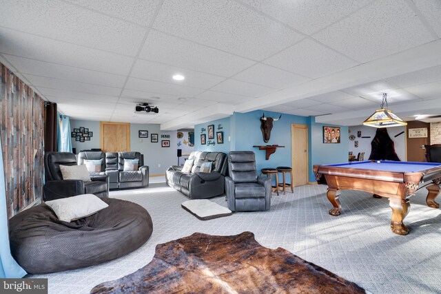 playroom featuring a drop ceiling, carpet, and pool table