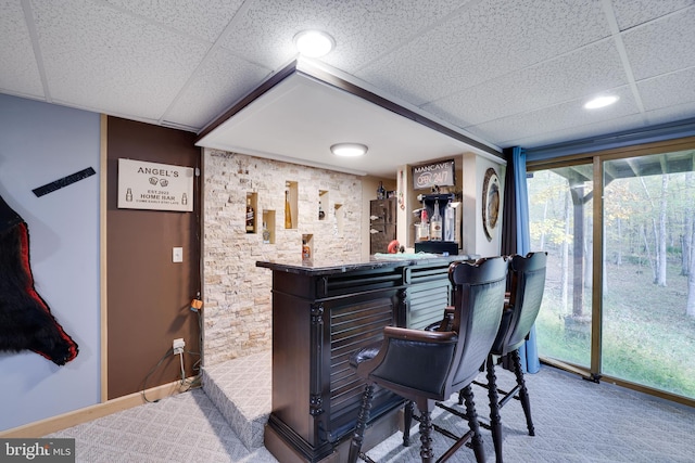 bar with carpet floors and a drop ceiling