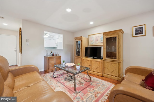 living room with ceiling fan and light hardwood / wood-style flooring