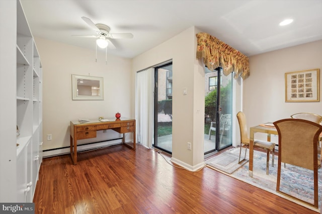 doorway to outside with ceiling fan, dark wood-type flooring, and a baseboard radiator