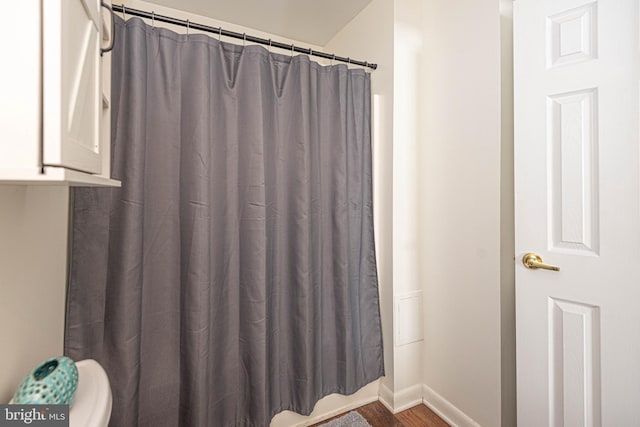 bathroom with curtained shower and wood-type flooring