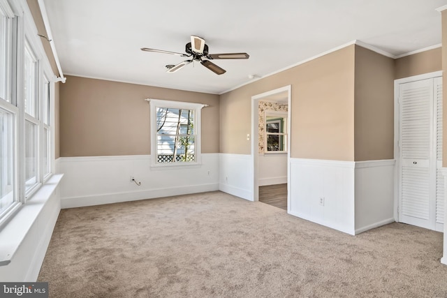 carpeted spare room with crown molding and ceiling fan