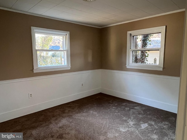 carpeted spare room featuring crown molding