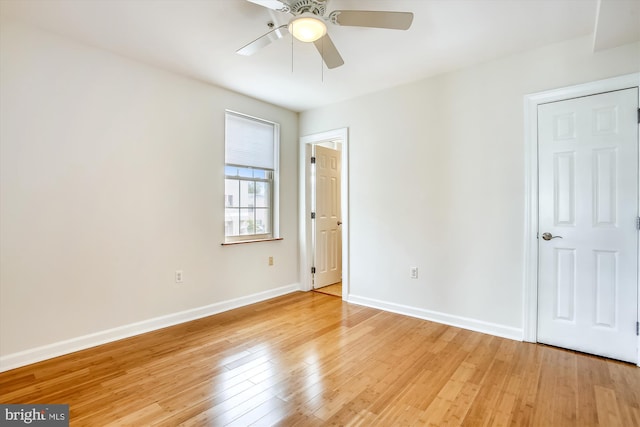 unfurnished bedroom with light hardwood / wood-style floors and ceiling fan