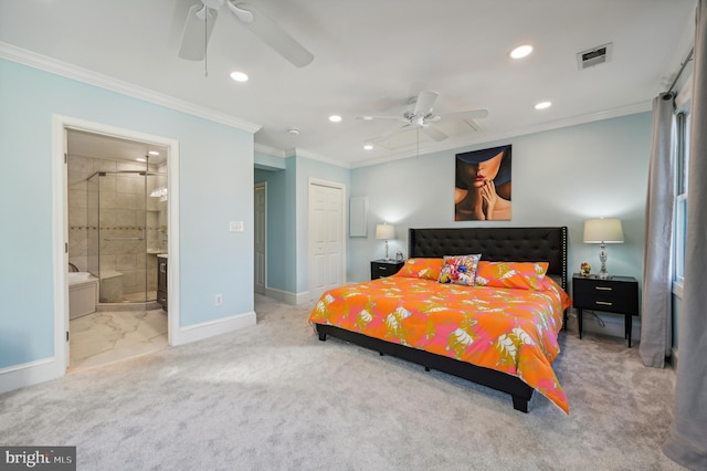 bedroom featuring carpet, crown molding, ceiling fan, connected bathroom, and a closet