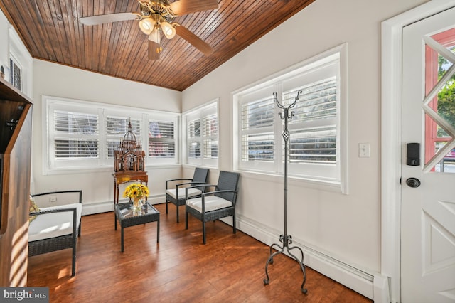 living area with ceiling fan, wood ceiling, a baseboard radiator, and hardwood / wood-style flooring