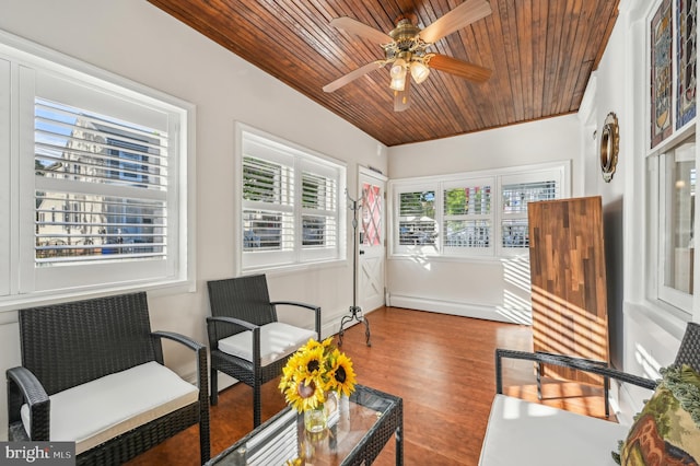 sunroom / solarium with a baseboard radiator, ceiling fan, and wood ceiling