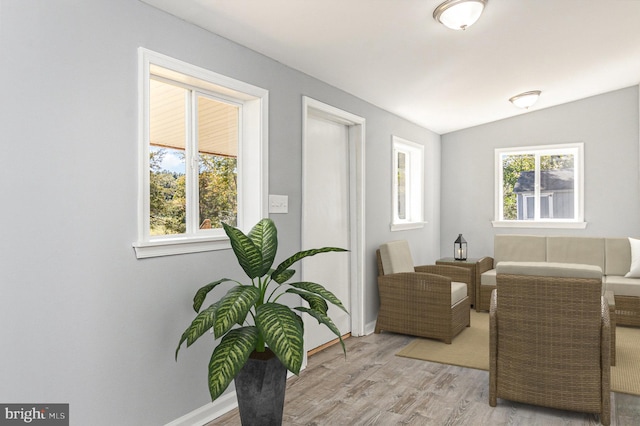 living area with vaulted ceiling, light wood-type flooring, and a healthy amount of sunlight