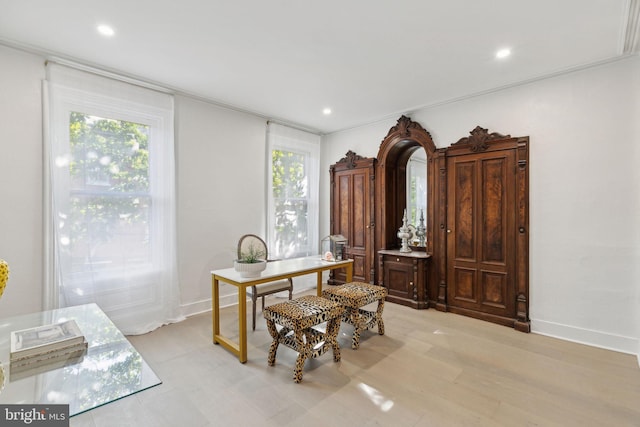 office with light wood-type flooring and plenty of natural light