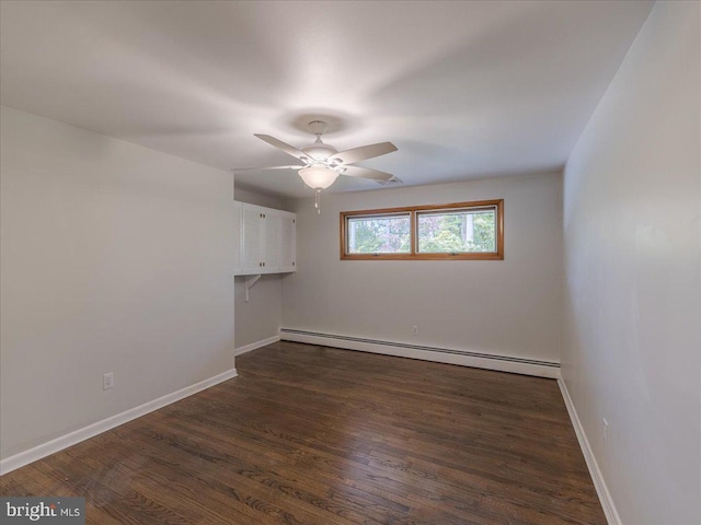 spare room featuring a baseboard radiator, dark hardwood / wood-style floors, and ceiling fan