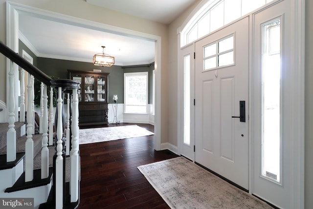 foyer entrance featuring dark hardwood / wood-style floors and ornamental molding