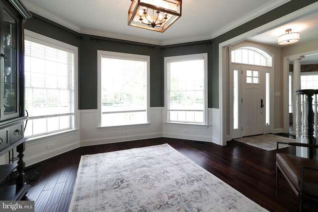 entryway with crown molding, dark hardwood / wood-style flooring, and plenty of natural light